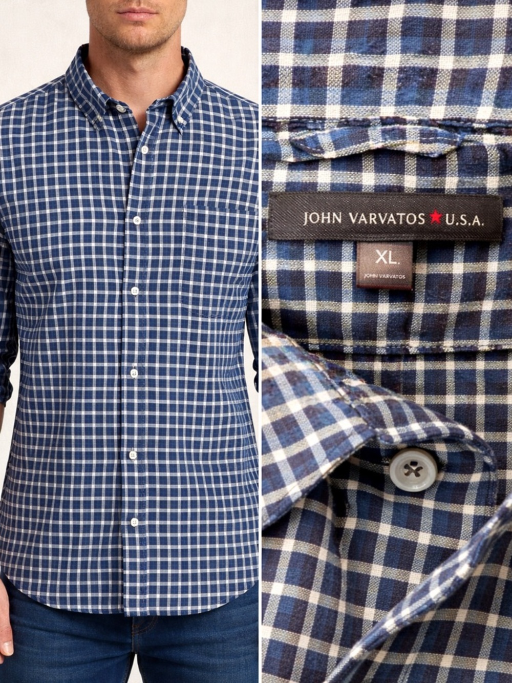 JOHN VARVATOS Star USA Blue Check Shirt XL Cotton Deeigner Casual